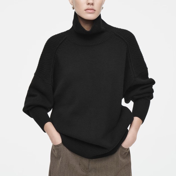 COS Merino Wool Funnel Turtleneck Ribbed Black Pullover Sweater - Picture 1 of 7